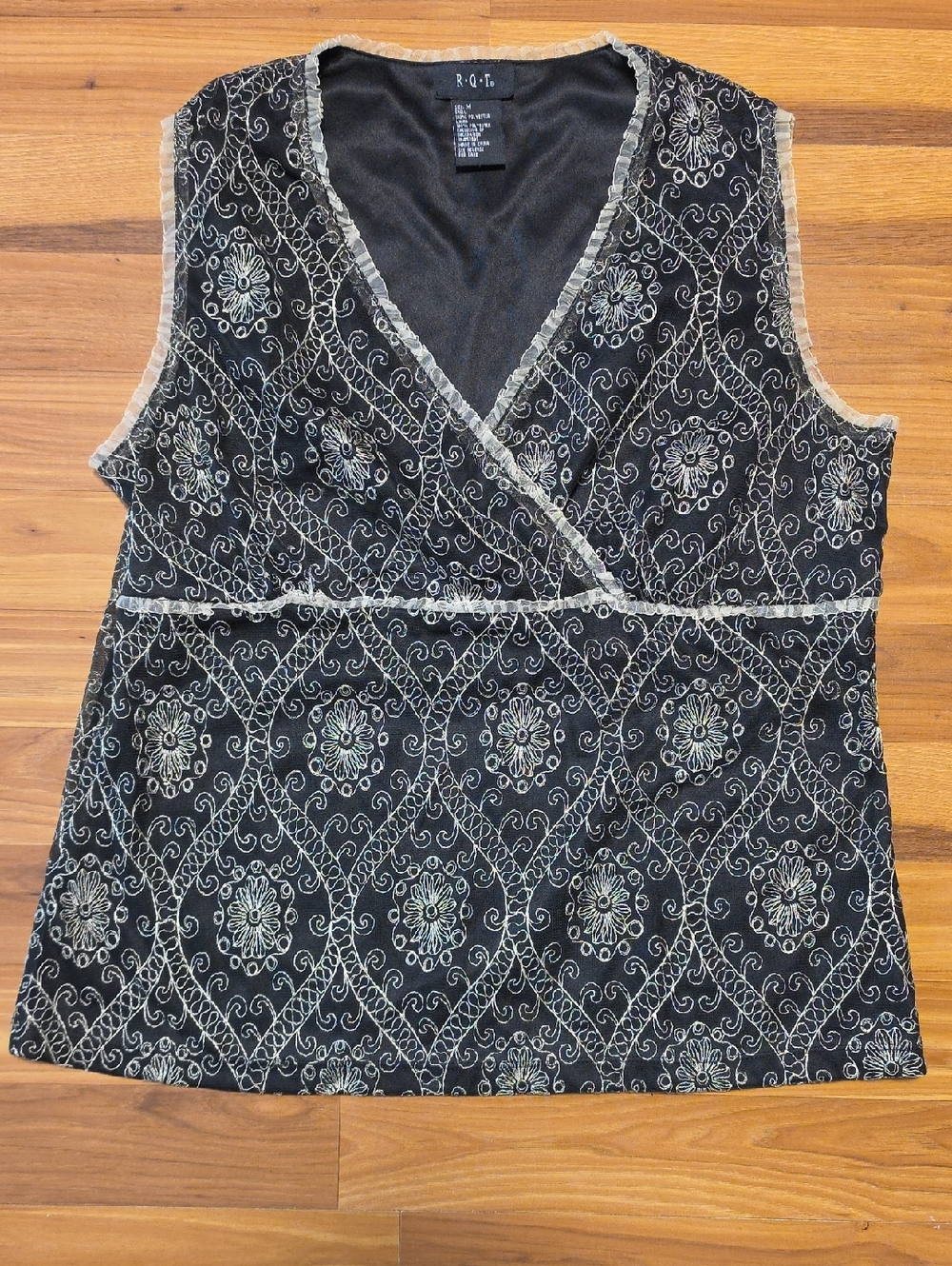 Black Embroidered Wrap-Style Women's Top